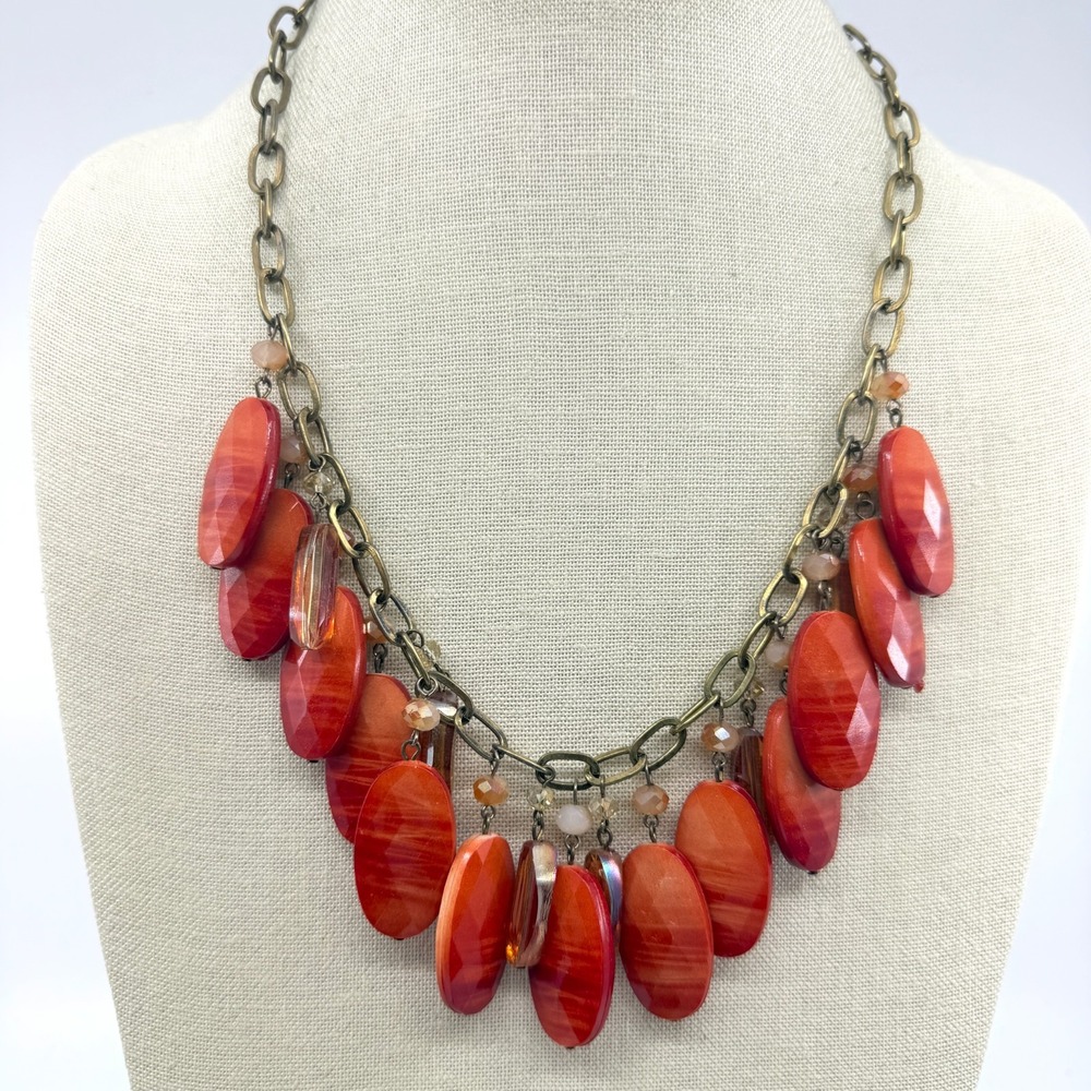 Orange Red Faceted Shell Bead Fringe Necklace Brass Tone Boho Statement Gift